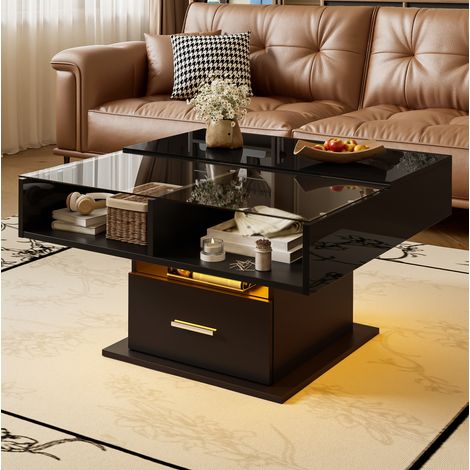 Table basse relevable 78x78x45.5/59.5 cm noire en panneaux de particules avec LED et rangement (1/5)