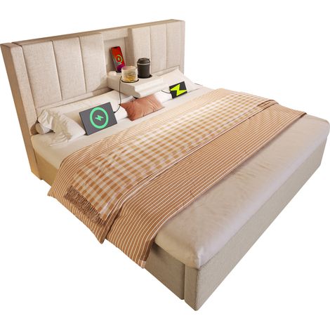 CHICFURN Lit coffre 140x190 cm en tissu beige avec tête de lit rabattable, porte-gobelets cachés, station de charge USB-C, rangement hydraulique et sommier (1/5)