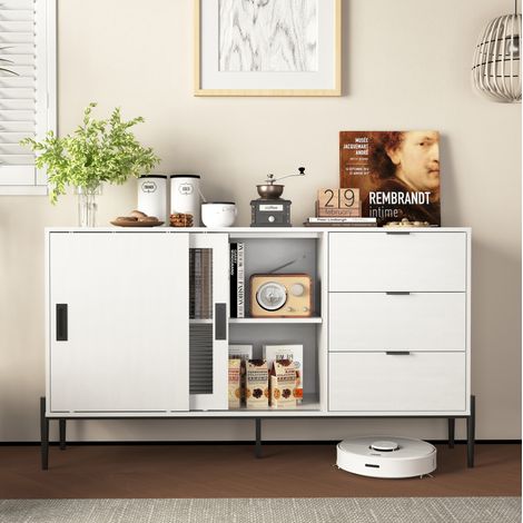 Sideboard en panneaux de particules blanc avec verre nervuré, 2 portes coulissantes et 3 tiroirs, grand rangement (1/5)