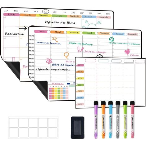 3 Pièces Calendrier Magnétique pour Frigo, 42 x 28 cm Planning Semaine, Planning Mensuel, Planificateur des Menus, idéal comme emploi du temps, liste de tâches et Plan de repas - en Français (1/5)