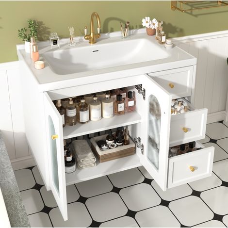 Mobile lavabo sospeso 80 cm con lavabo in ceramica, 2 cassetti e vano regolabile, struttura in MDF bianco (1/5)