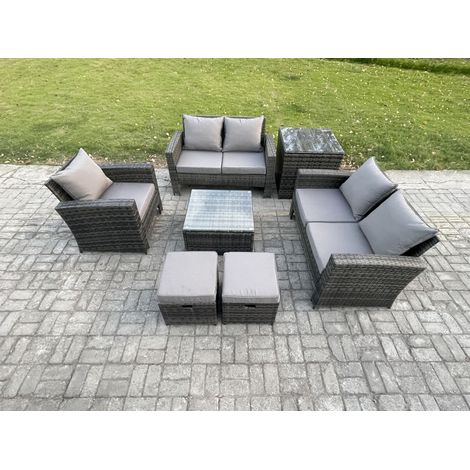 Fimous Outdoor Rattan Garden Furniture Set Conservatory Patio Sofa Coffee Table Set with Chair Side Table 2 Small Footstools Dark Grey Mixed (1/5)