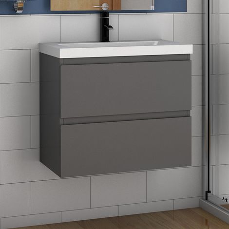 800mm Bathroom Vanity Unit With Wash Basin Ceramic Sink, 2 Drawers, High Gloss Grey, Cloakroom Storage Furniture Under Basin Cabinet, Wall Hung Cabinets (1/4)