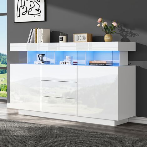 Aparador de salón, aparador blanco con 2 puertas y 3 cajones, 3 compartimentos abiertos, para salón, cocina, dormitorio (1/5)