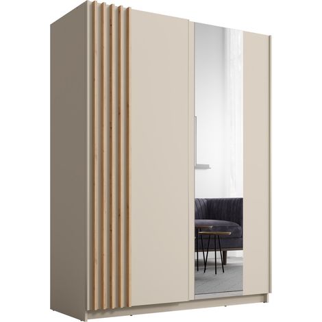 Armoire VARIA 150 cm cachemire et chêne avec miroir et portes coulissantes