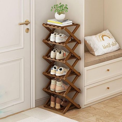 Petite étagère à chaussures pliable en bambou - Organiseur de chaussures étroit et haut - Pour intérieur - Pour couloir, entrée 2 niveaux 6 couches (1/5)