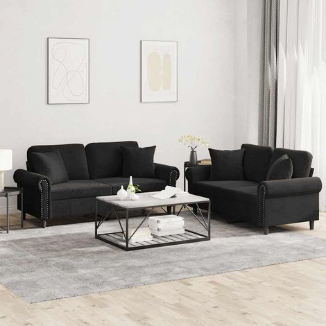 Ensemble de 2 canapés 2 places en velours noir avec coussins, 49.15kg - PANGIVO (1/5)