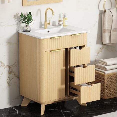 Meuble sous-vasque 61 x 47 x 90 cm avec 3 tiroirs, porte coulissante et vasque céramique, bois naturel (1/5)