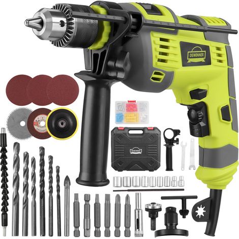 Dewinner – Perceuse à percussion filaire 710W – Vitesse 0-3300 rpm – Mandrin 0-13 mm – Poignée rotative 360° – Pour briques, bois dur et acier