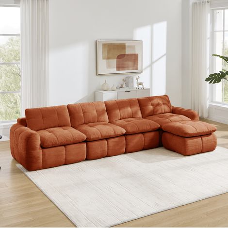 Sofá rinconero modular de 4 plazas, sin montaje, chenilla naranja, con 1 otomana OKMYHOME (1/5)