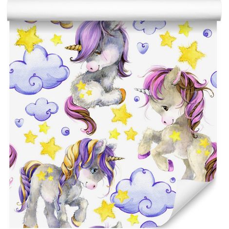 Papel pintado para niñas con unicornios, corazones y nubes, 50x1000 cm (1/5)