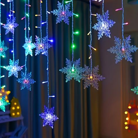 Guirlande lumineuse YETHKE Flocon de neige, 96 LED, alimentation USB, 8 modes d'éclairage, plastique transparent, blanc chaud (1 pièce). (1/5)