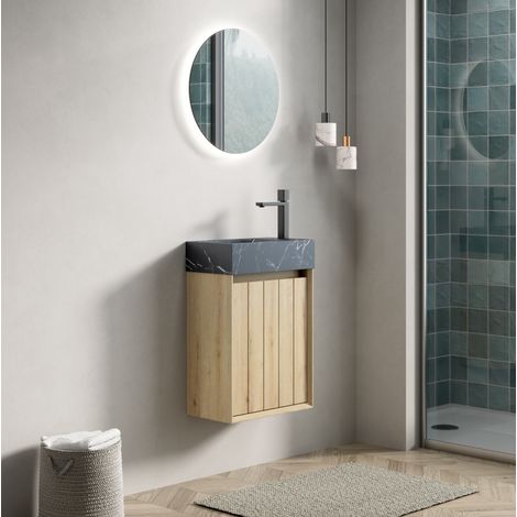 Mobile bagno sospeso con lavabo 40 cm, 1 anta, marmo nero e legno chiaro HAVRYA (1/5)