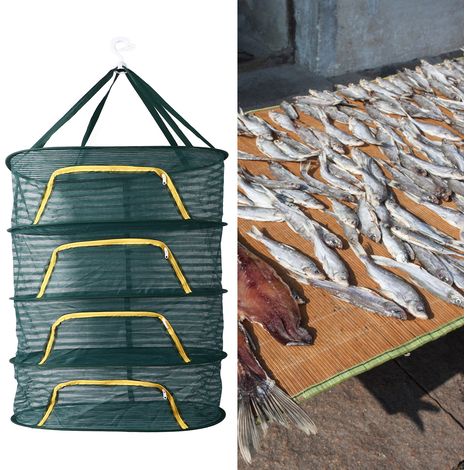Filet de séchage domestique pour légumes, poisson et autres produits secs. Cage de séchage pliable pour radis. Panier de séchage alimentaire à plusieurs niveaux avec bordure en sangle. Vert foncé. (1/5)