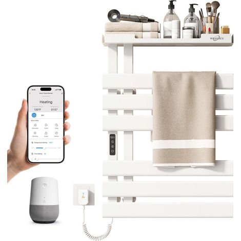Chauffe Serviette Mural Commande Vocale,Seche Serviette Electrique avec Étagère,WiFi Intelligent Porte-Serviettes Chauffant,radiateur avec Tactile à LED,Élargi à 6 pôles,Blanc (1/5)