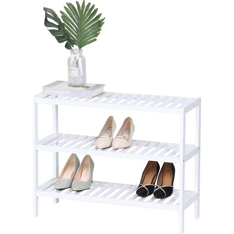 Relaxdays zapatero, 3 niveles, 9 pares, HBT: 54,5 x 70 x 24,5 cm, con baldas de rejilla, bambú, blanco