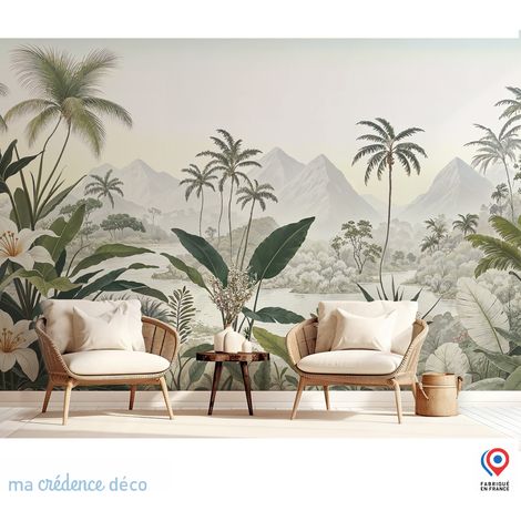 Papier peint : Fleurs tropicales, lac et montagnes, Aquarelle - Intissé - 200 cm - 280 cm (1/5)