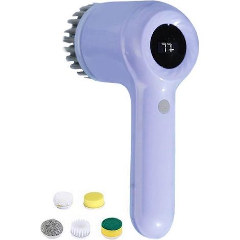 Brosse électrique à vaisselle avec 5 têtes de brosse, idéale pour la vaisselle, l'évier de cuisine, la douche et le carrelage (violet). (1/5)