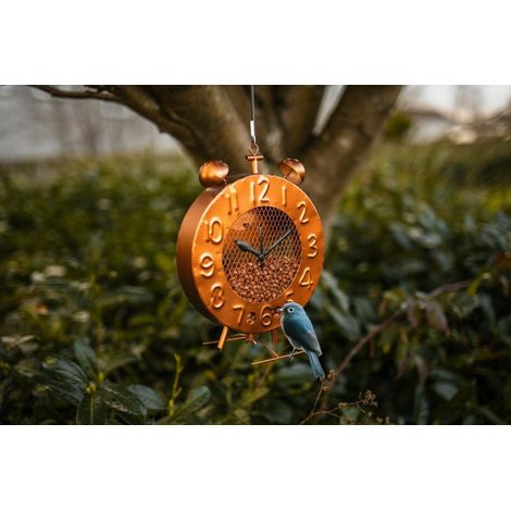 Clock Hanging Standing Bird Seed Nut Feeders Mounted Outdoor Garden Feeding Station Wild Birds Food Treat Feeder Weatherproof Metal Novelty Feeder Traditional Alarm Clock Copper Effect (1/5)