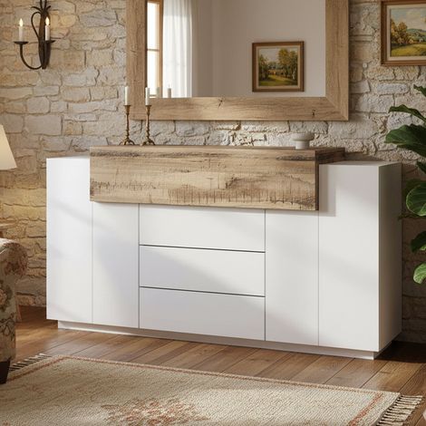 Dmora Modernes Sideboard, Design-Sideboard mit 3 Türen und 3 Schubladen, Made in Italy, TV-Ständer, Wohnzimmerbuffet, 160x45h86 cm, Glanzweiß und Ahornfarbe (1/4)