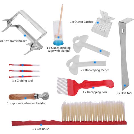 Kit d'outils apicoles 12 pièces en acier inoxydable : brosse à ruche, fourchette d'extraction d'abeilles (1/5)