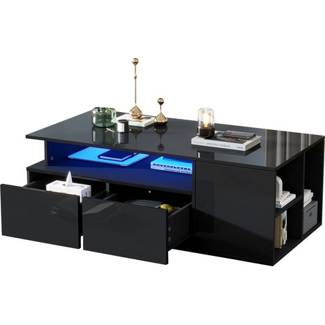 Table Basse 100x50x35 cm avec Éclairage LED et 2 Tiroirs Grand Coffre de Rangement, Table de Salon Noire Résistante jusqu'à 60 kg (1/5)