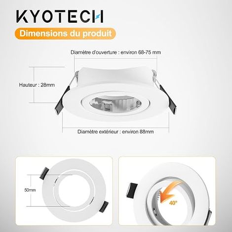 KYOTECH lot de 6 Cadres pour spots à encastrer Orientables,Rond spot encastré Blanc,livré avec douilles GU10,Cadre de Montage encastré Pour lampes halogènes GU10 MR16 led module (Ronde) (1/3)