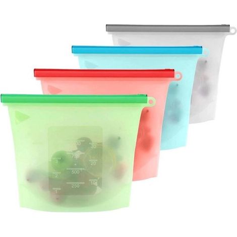 Sacchetti per alimenti in silicone, set da 4, 1500 ml, riutilizzabili, resistenti al congelatore e al calore, 4 colori. Sacchetti per alimenti freschi realizzati in silicone. (1/5)