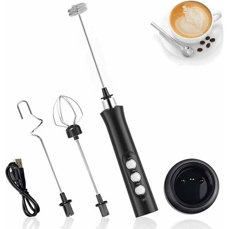 Handheld Electric Milk Frother, 3-in-1 USB Rechargeable Whisk, 3 Adjustable Speeds with 3 Stainless Steel Whisk Heads for Lattes, Cappuccinos, and Beaten Eggs (1/5)