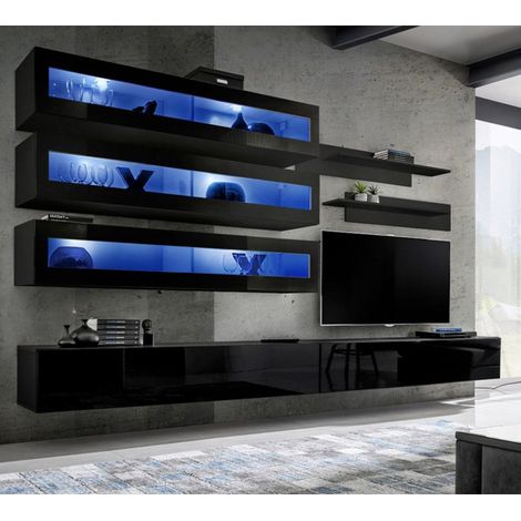 Meuble TV Mural Design "Fly X" 320cm Noir (1/4)