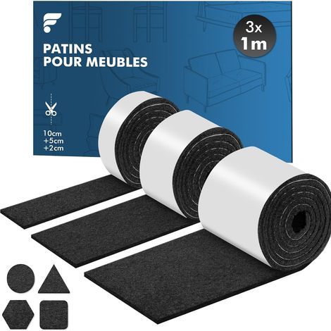 Patins pour Meubles Auto-Adhésifs, 3 Rouleaux de Feutre Autocollant 4 mm, Protection Sol et Meubles Anti-Rayure, Patin Chaise Découpable, 100 x 10 cm + 100 x 5 cm + 100 x 2 cm, Noir (1/5)