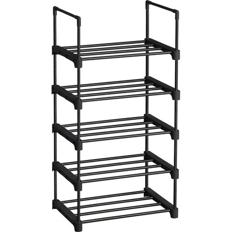 Étagère à Chaussures à 5 Niveaux, Porte-Chaussures en métal, empilable, Peu encombrant, Rangement de Chaussures, Multifonctionnel, pour entrée, Chambre, Salon, Noir LSA005B02