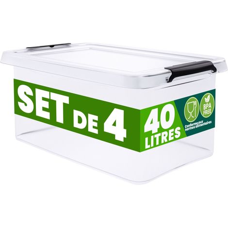 DEUBA® Boîte de rangement en plastique transparent empilable sans BPA gain de place caisse de rangement organiseur  4x40L