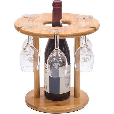 Étagère à vin et porte-bouteille, en bambou naturel avec 6 porte-verres et 1 porte-bouteille, parfait pour les amateurs de vin et les invités (1/5)