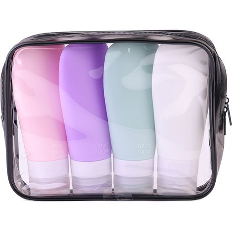 Lot de 4 flacons voyage silicone étanches rechargeables shampoing lotion cosmétiques voyage (1/5)