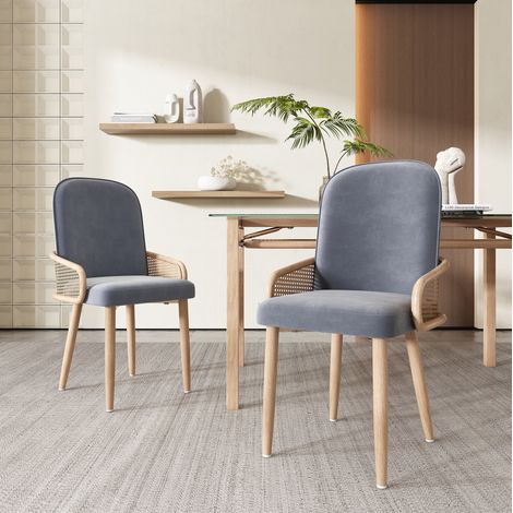 Chaise de salle à manger en velours, lot de 2, design rotin, gris HAVRYA (1/5)
