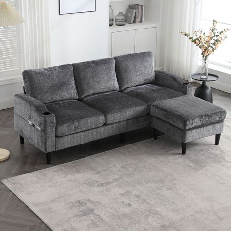 Canapé modulable 4 places avec pouf coffre, accoudoirs à porte-gobelets, poches latérales, structure bois-métal et tissu chenille doux Gris (1/5)