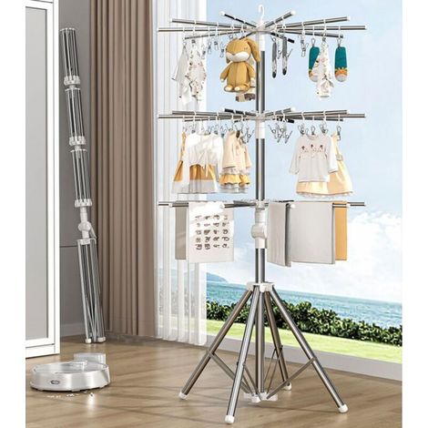 Séchoir à linge pliable, séchoir à linge en métal avec pinces coupe-vent pour intérieur et extérieur, cintre de séchage pour couches et serviettes de bébé avec 3 niveaux de supports robustes pour balc (1/4)