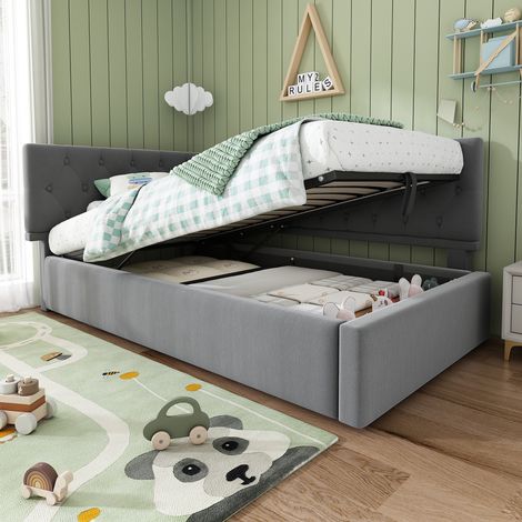 REDOM Cama con almacenaje 90x190 cm con estructura de láminas de madera, terciopelo gris (Sin colchón) (1/5)