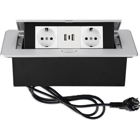 Prise encastrable rétractable aluminium, 3 prises Schuko USB‑A USB‑C, câble 1,8 m 4000W/16A noir (1/5)