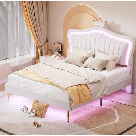 Cama infantil 140x200 cm con LED, cabecero de concha blanco, madera, sin colchón FloraGrace (1/5)