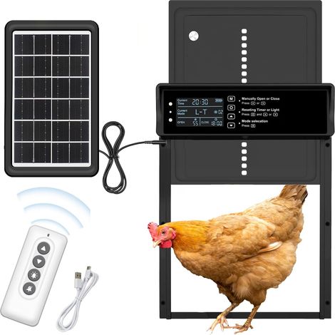 Porte automatique de poulailler à énergie solaire avec minuterie/capteur de lumière/télécommandes de 20 m, porte poule en alliage d'aluminium (noir gris) (1/5)