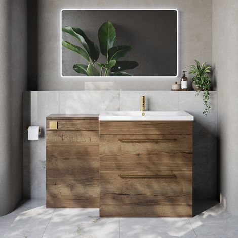 Napoli 460 Tobacco Oak 1300mm 2 Drawer Vanity Unit Toilet Suite with Glide Basin - 1300mm - Brushed Brass 480mm HandleWithout Kingston Toilet Pan