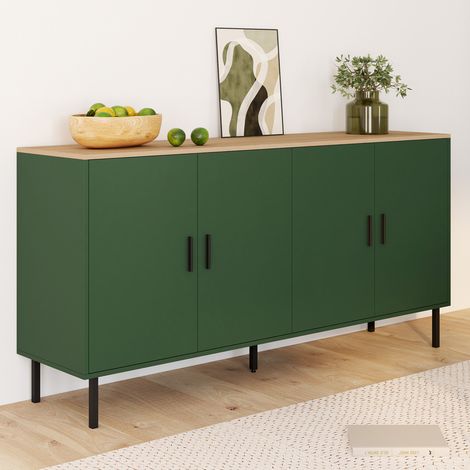 Aparador KELIA 160 cm con 4 puertas verde caqui y tapa de madera