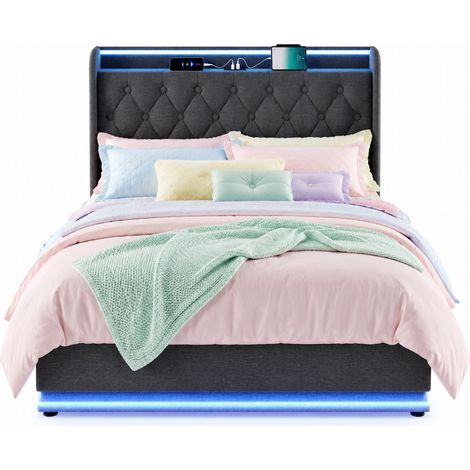 Lit coffre 160x200 cm avec LED 360°, tête de lit capitonnée, USB-C, rangement hydraulique et tissu gris pour chambre adulte, ambiance moderne, sans matelas – CHICFURN (1/5)