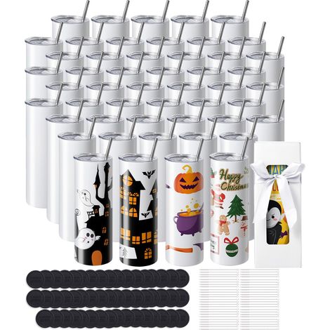 Set mit 50 geraden 20-oz-Sublimationsbechern, doppelwandig, Edelstahl, inklusive Strohhalmen, Deckeln, Bürsten, Unterteilen, Schrumpffolien und Geschenkboxen (1/5)