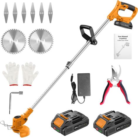 Débroussailleuse Electrique sans Fil 21V, Coupe Bordure sans Fil avec Batterie 2.0 Ah2 et 2 Types de Lames, Poignée Réglable, Debrouissalleuses Batterie pour la Coupe de Jardin, Pelouses Grande capac (1/5)