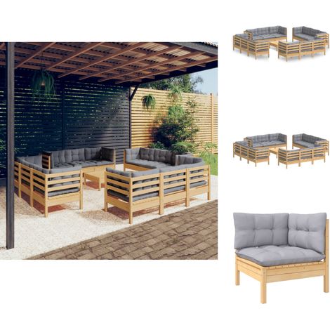 Gartenmöbel-Sets - Living 13-tlg. Garten-Lounge-Set mit Grauen Kissen Kiefernholz (1/5)