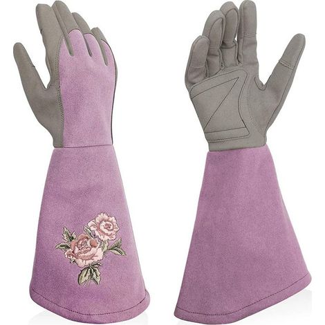 Gants Jardinage Femme Cuir,Anti-Piqûre avec Manche Longue, Gants de Jardin femme Elegant avec Broderie Exquise-L (1/5)