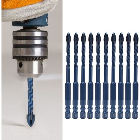 Lot de 10 forets en céramique à tige hexagonale et tête cruciforme pour percer les carreaux de céramique, le béton, le bois et le verre bleu foncé, diamètre du trou de 6 mm. (1/5)